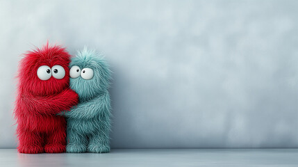 Fototapeta premium Red fluffy character hugging sad green character, kids book illustration style