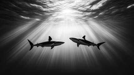 Photorealistic black and white shark silhouettes swimming on bright studio background