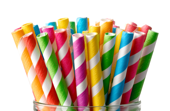 Colorful Striped Paper Drinking Straws in Glass isolated on a transparent background