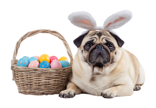 Cute Pug Easter Bunny Ready for the Holiday Egg Hunt isolated on a transparent background