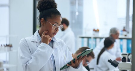 Scientist, woman and tablet with thinking in laboratory for medical study, test results or solution. Science staff, professional and research on tech for pharmaceutical innovation or pathology report - Powered by Adobe