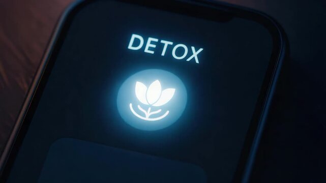 Detox app icon wellness concept metaphors ethical messaging calm smartphone interface screen blue glowing lotus button promoting mindful reset