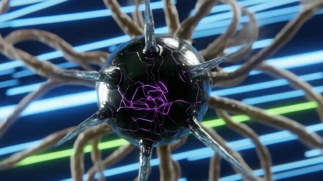 Futuristic spherical technology with metallic spikes and glowing core in a digital environment. Advanced technological design features glowing elements and abstract shapes,