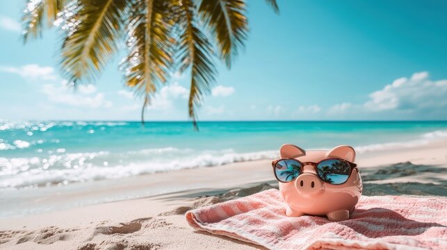 Piggy bank with sunglasses relaxing on a tropical beach.