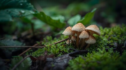 Fototapeta premium mushrooms grow among bright green leaves after rain.