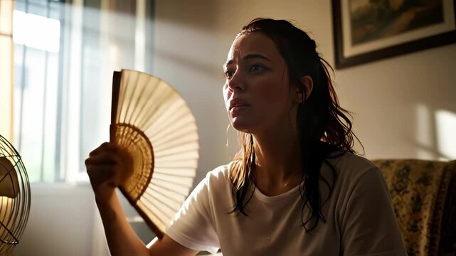 Woman in distress sitting at home with a fan in the heat. Overheated and uncomfortable trying to cool down, suffering in climate change footage.