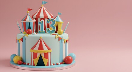 Obraz premium Circus Tent Themed 13th Birthday Cake with Balloons and Candles