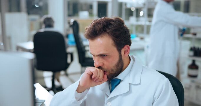 Man, scientist and mistake with computer at lab for stress, frustrated or medical research. Person, migraine and decision with insight, review or pc for vaccine development with pharmaceutical study
