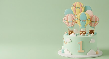 Cute First Birthday Cake with Hot Air Balloons and Clouds