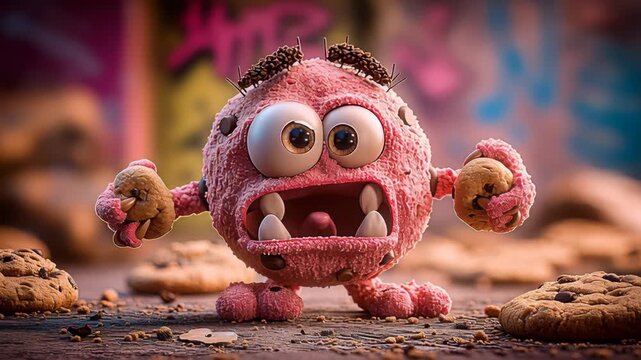 Monster Enjoys Cookies in a Vibrant Urban Setting Filled With Treats