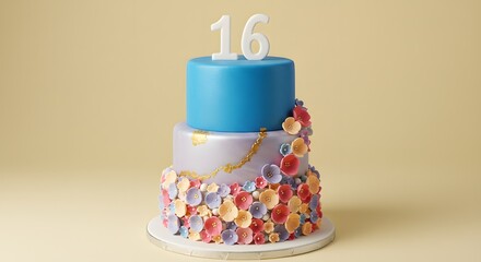 Elegant Two-Tiered Celebration Cake with "16" Topper and Floral Decorations