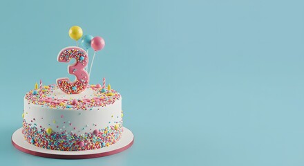 Festive 3rd Birthday Cake with Balloons and Sprinkles on Blue Background