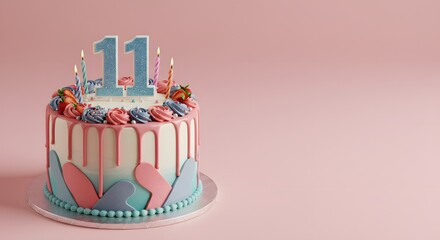 Festive 11th Birthday Cake with Sparkly Candles and Strawberries