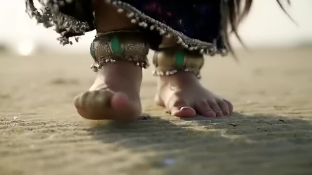 Barefoot dancer with ankle bracelets on sand.