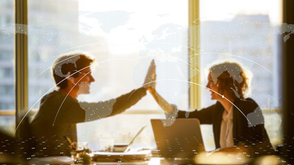 Moment symbolizing global business collaboration and team success