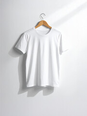 Simplicity in Focus: Close-Up Front View of a Crisp White T-Shirt on a Wooden Hanger Bathed in Soft Natural Light