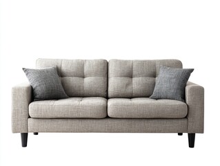 Stylish and comfortable gray sofa with pillows.