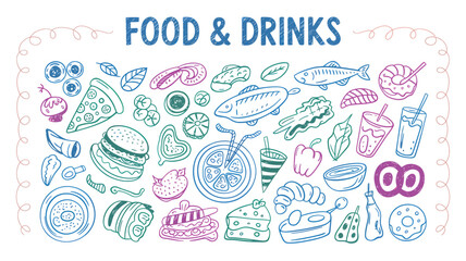 Hand-drawn food and drinks illustration doodle style vector collection for menu design isolated on white background