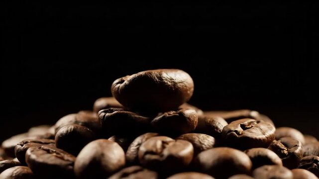 Close up of roasted coffee beans piled high with a dark background.