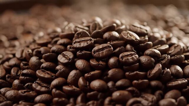 Close up of roasted coffee beans with a shallow depth of field.