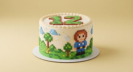 Pixelated Birthday Cake for 12th Celebration - Retro Gaming Theme