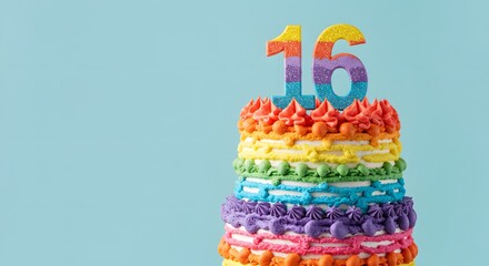 Rainbow Birthday Cake with '16' Topper for Sweet Sixteen Celebration