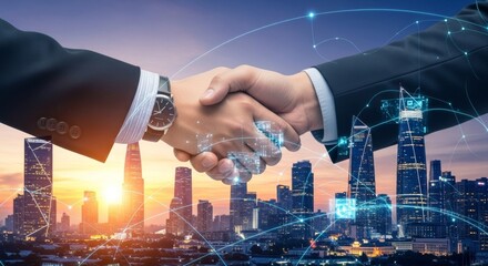 Global business partnership: handshake and network connections over modern cityscape