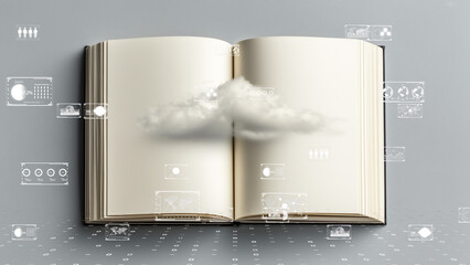 Floating cloud and data panels inside a book, fusion of cloud learning and knowledge