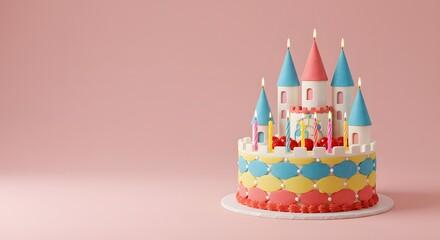 Whimsical Castle Birthday Cake with Candles and Strawberries on Pink Background