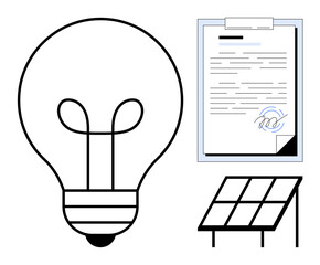 Lightbulb for ideas, document with signature for agreement, and solar panel for renewable energy. Ideal for sustainability, innovation, environmental initiatives, energy solutions, agreements, clean