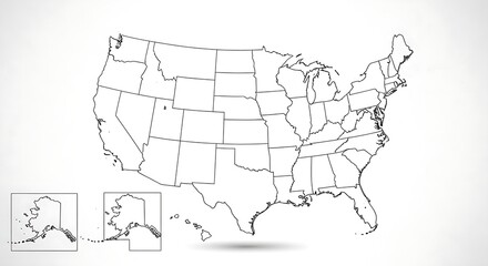 Fototapeta premium Outline Map of the United States of America, Including Alaska and Hawaii, with State Borders Clearly Defined