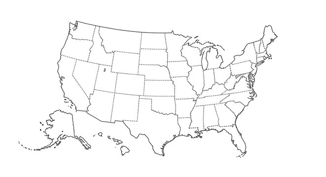 Map of the United States showing the outlines of all 50 states and borders with surrounding countries and oceans, perfect for educational or informational purposes