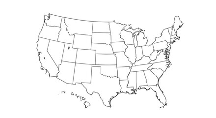 Fototapeta premium Map of the United States of America with State Borders Outlined in Black and White, Showing Individual States and Their Geographic Divisions