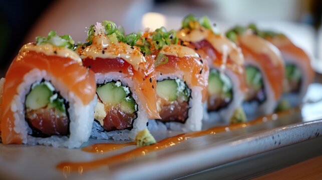Delicious sushi rolls, restaurant setting, closeup, garnished with sauce and vegetables.  Possible use food advertising, restaurant menu - Powered by Adobe