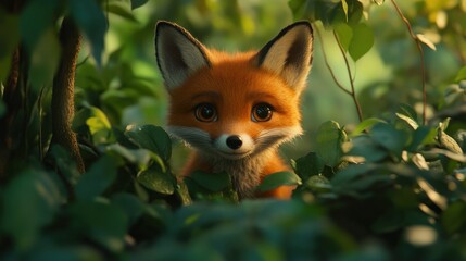 Fototapeta premium Cute fox cub peeking through lush foliage in a sunlit forest. Possible use Children's book cover or educational material