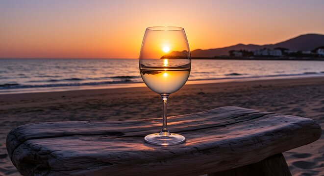 Sunset wine glass on beach