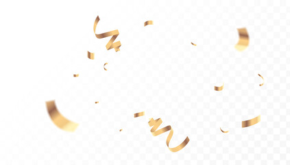 A festive explosion of realistic golden confetti falling against a transparent background for holiday celebrations and party designs