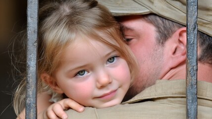 Father soldier embracing daughter during a heartwarming family reunion, separation and homecoming emotions