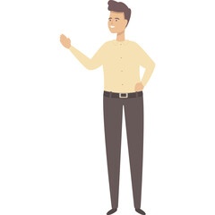 Cartoon Man Standing With His Hand Raised in a Friendly Gesture Wearing a Light Yellow Sweater and Dark Trousers Against a Transparent Background Simple Flat Design Style
