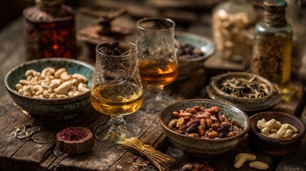Fototapeta premium Luxurious Still Life with Glasses, Nuts, and Spices on Rustic Table