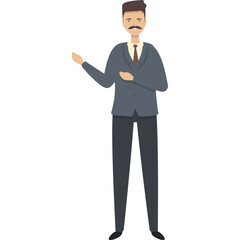 Cartoon man wearing a gray suit and tie with a mustache gesturing to the side with a transparent background