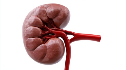Human kidney anatomy, a detailed 3D rendering of the renal organ on a white background, highlighting its intricate blood vessels