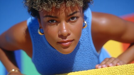 Determined young woman with curly hair focusing for a workout, wearing a blue top, vibrant summer day