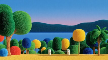 Stylized park landscape featuring colorful spherical trees and bushes by a lake, minimalist design