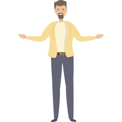Cartoon man with beard wearing yellow cardigan light blue shirt and grey pants arms spread wide in welcoming gesture on transparent background