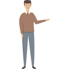 Cartoon man with short brown hair wearing a brown sweater and grey pants standing against a transparent background with his right arm extended outward in a welcoming gesture