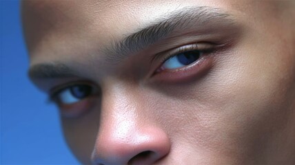 Intense blue eyes of a young man on a blue background, showing deep gaze, vision, and focus concept