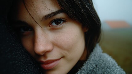 Woman with soft smile on her face, embracing life in foggy winter weather, feeling pensive and calm