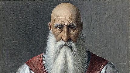 Elderly bald man with long white beard portrait representing wisdom and experience, vintage engraving illustration