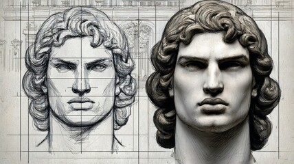 Male classical head shown as a detailed graphite drawing with construction lines next to a marble bust sculpture